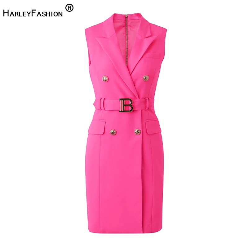 

American Style Y2K Sleeveless Notched Short Length Popular Fluorescent Pink Mini Dress with Belt