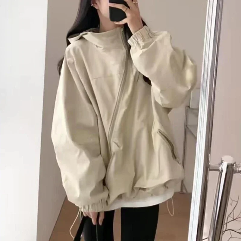 

Women Hooded Jackets Diagonal Zipper Design Vintage Autumn Baggy Fashion Bf Style Outdoor Chaqueta Mujer Leisure All-match Lady