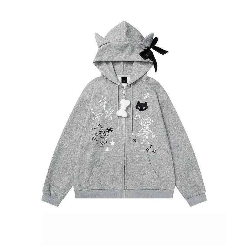 

Cat-ear Loose Zipper Hooded Sweatshirt Pure Cotton American Retro Skeleton Cat Printed Cardigan Grey Coat for Women 2026 Autumn