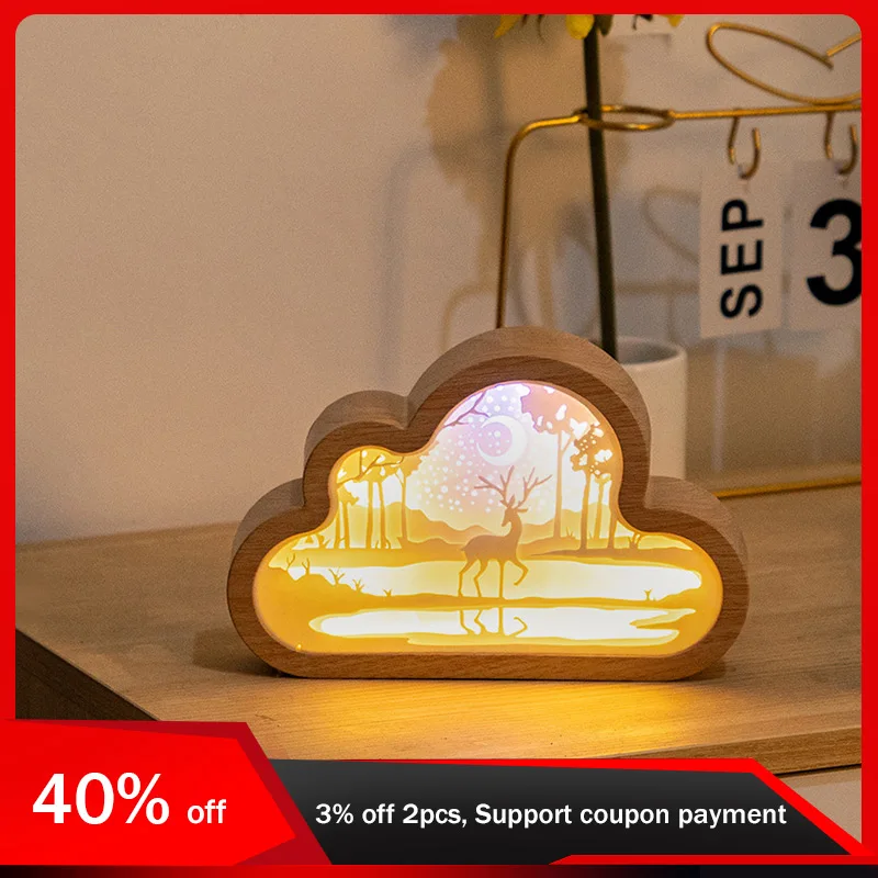 

20cm/7.87in Cloud 3D Led Night Light Box Creativity Lamp Display Wooden Frame Collectible Crafts Holiday Gift Bedroom Decoration