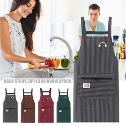 Kitchen Oil Resistant Aprons Striped Zippered Cotton Apron With Straps Breathable Apron Women'S Dirt Resistant Work Clothes