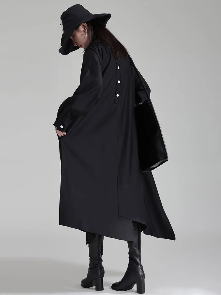 [EAM] Women Black Big Size Midi Shirt Dress New Peter Pan Collar Long Sleeve Loose Fit Fashion Tide Spring Autumn 2024 1DH2780