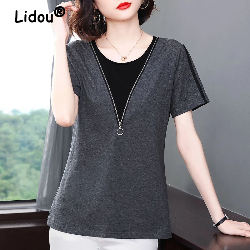 

Women's Korean Fashion Simple Patchwork Zipper Elegant T Shirts Summer Casual Round Neck Short Sleeve Loose Tops Female Clothing