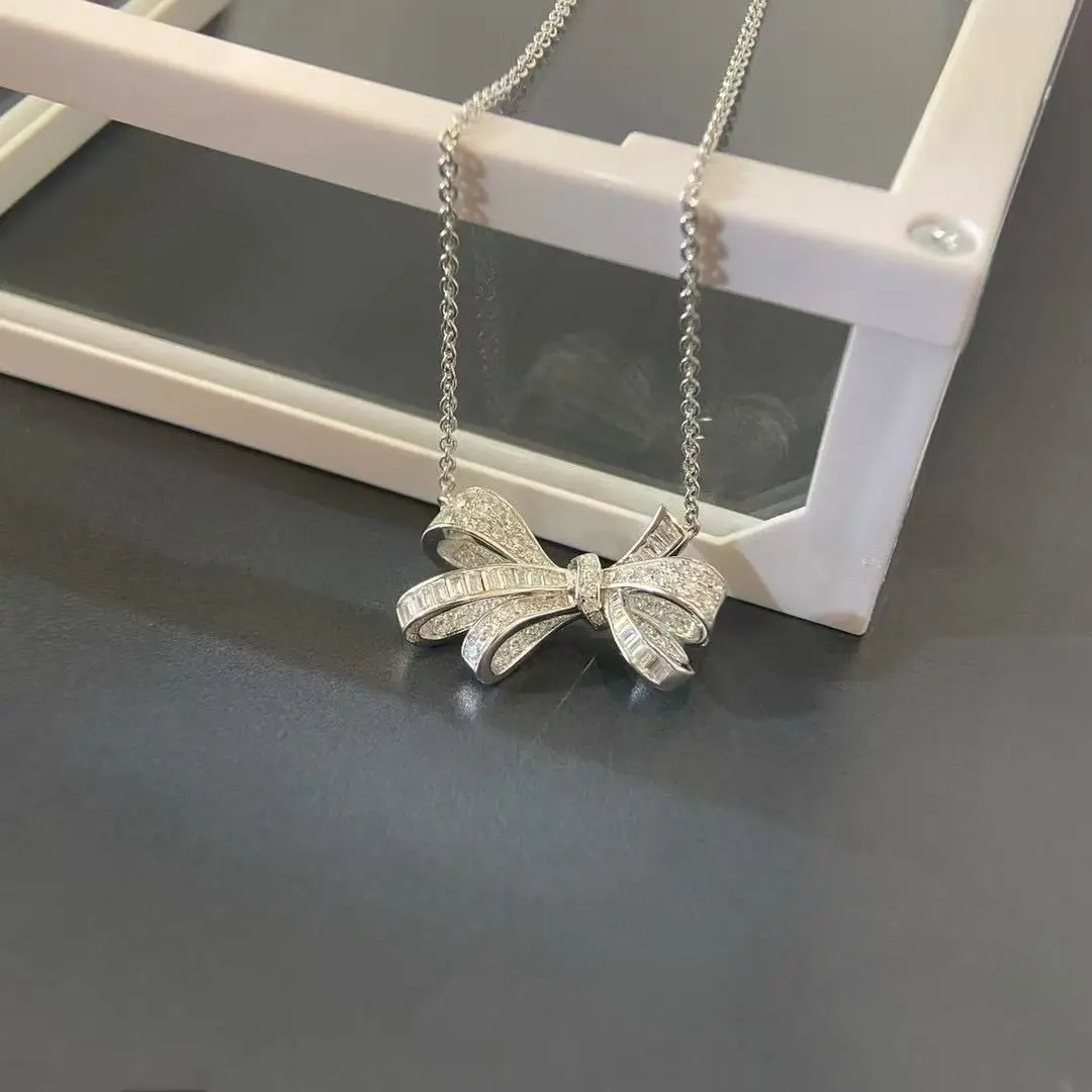 الفرنسية الفاخرة Bowknot موضة المرأة 925silverNecklace القوس عالية الجودة مويسانيتي تألق ساحر هدايا الحفلات لا يتلاشى