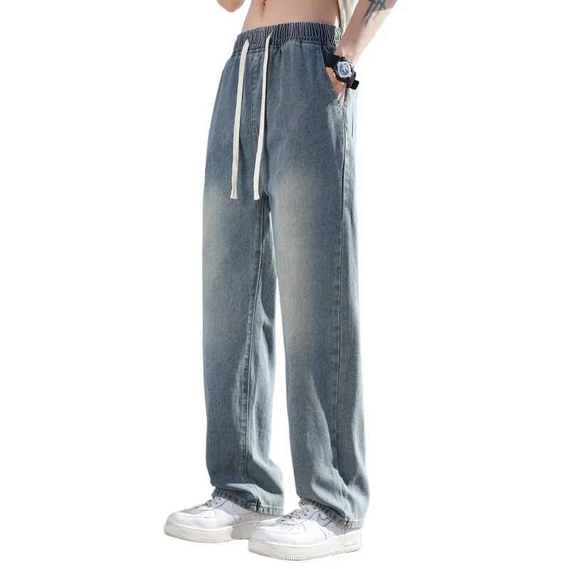 

Casual Dual Drawstring Straight Wide Leg Pants Faded Gradient Wash Side Pocket Relax Full Length Bottoms for Unisex Streetwear