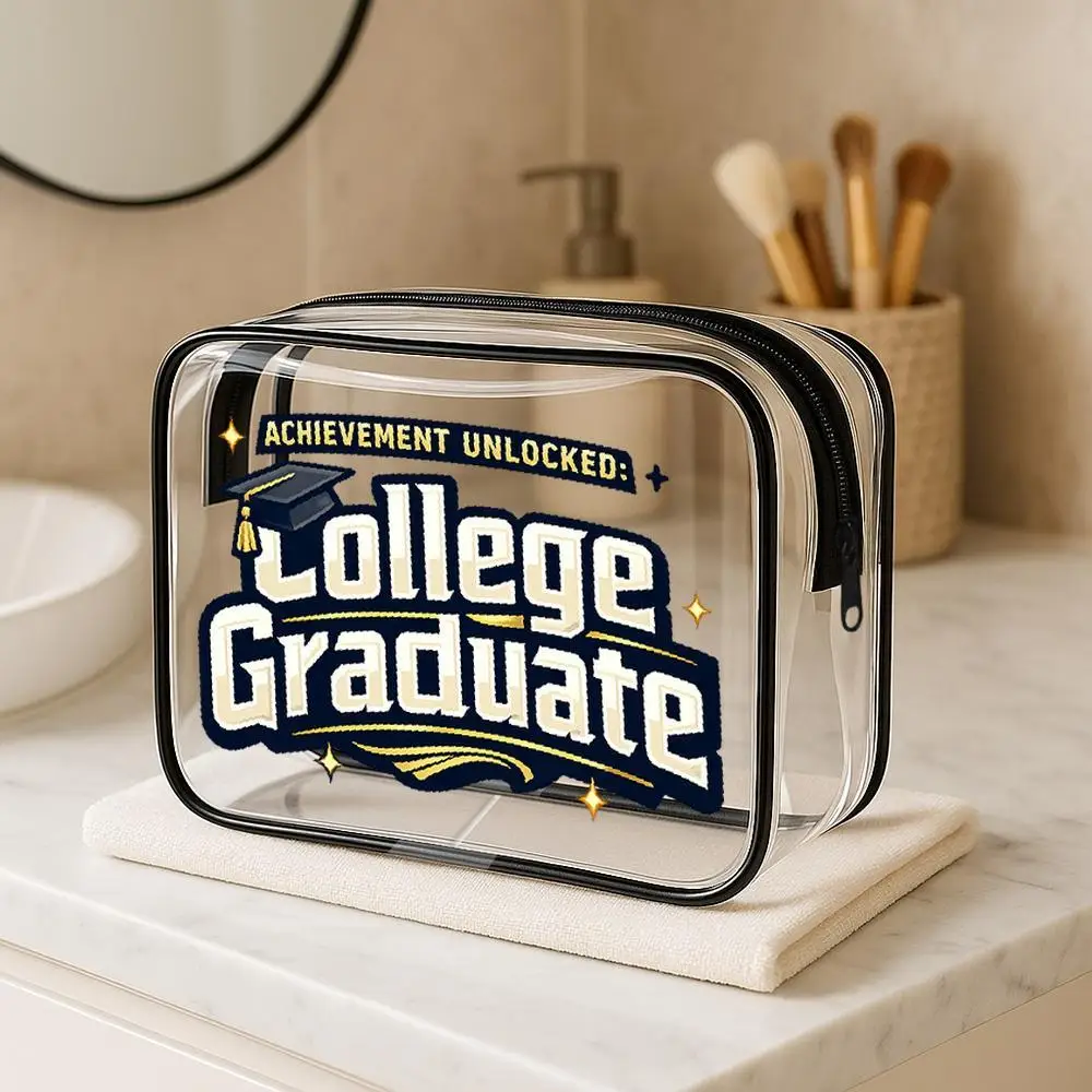College Graduate Graduation Cap PVC Makeup Bag, Retro Pixel Gaming Style Cosmetic Pouch with Golden Star Accents