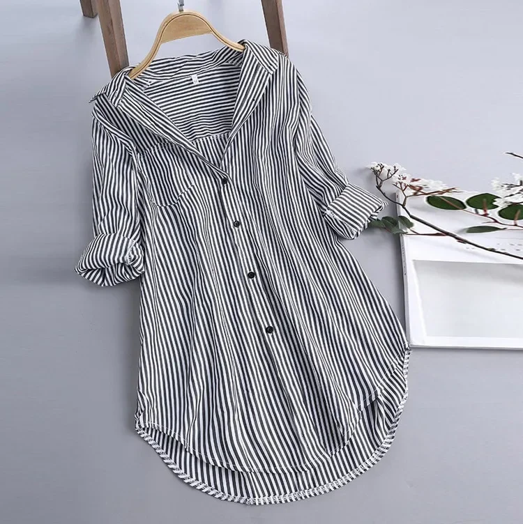 Women's Long Sleeve Loose Print Blouses, Striped, Single Breasted Pocket Shirts, Ladies Button Lapel Tops, Leisure, Autumn