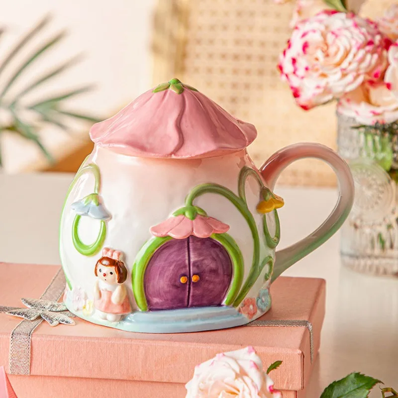

Креативная керамическая кружка с цветком и крышкой, тисненый цветочный дизайн, кружка в форме девушки и дома, изысканная чашка для послеобеденного чая, кофейная чашка, подарки