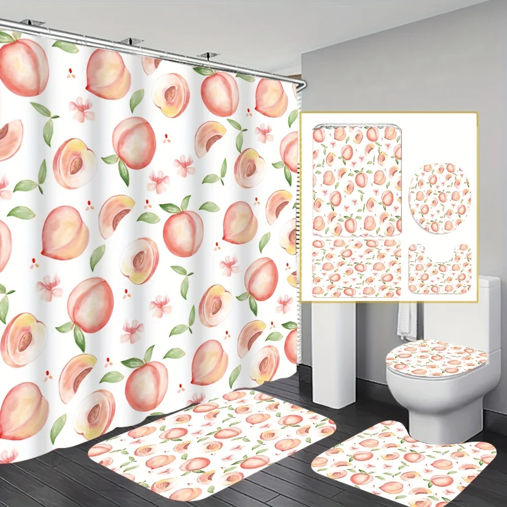 

Набор для ванной комнаты розового персика из 4 предметов, занавеска для душа, нескользящий напольный коврик, сиденье для унитаза, U-образный коврик, полиэфирная ткань