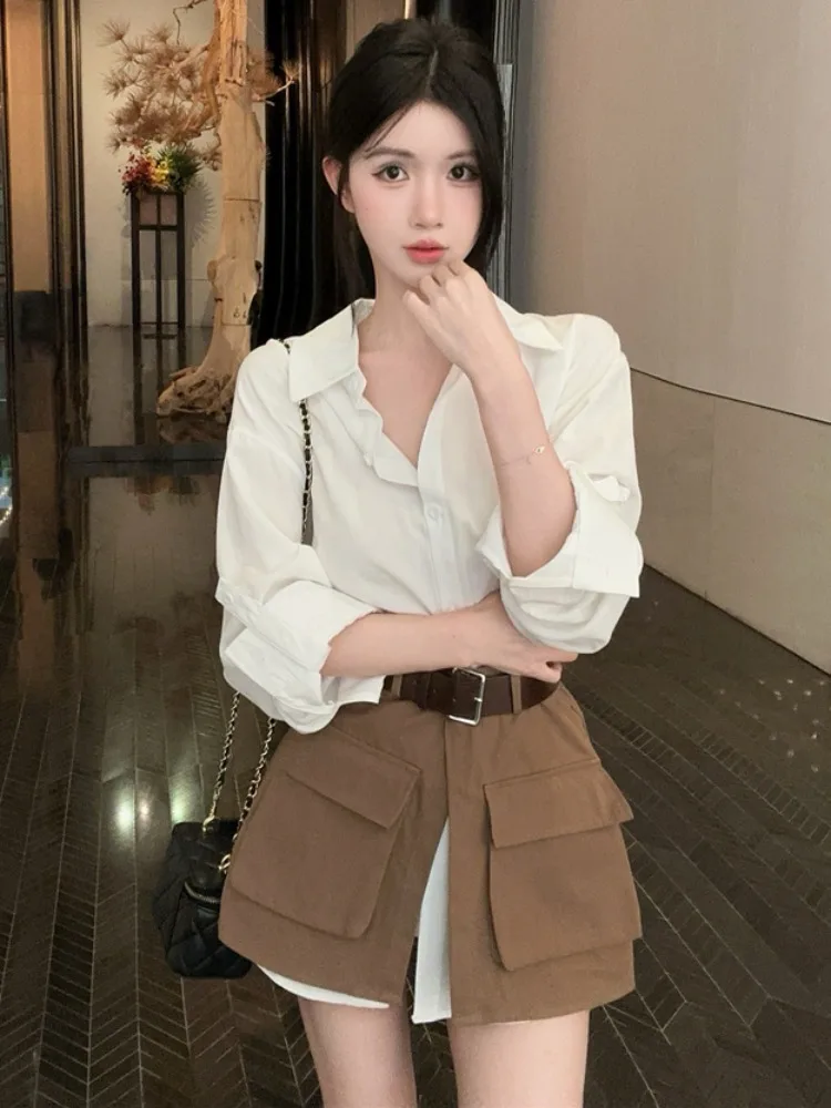

Fashionable Long Sleeve Shirt Women's Spring Summer New Style Layering Skirt Set with Belt Elegant Lady Design Commute OL Sty...