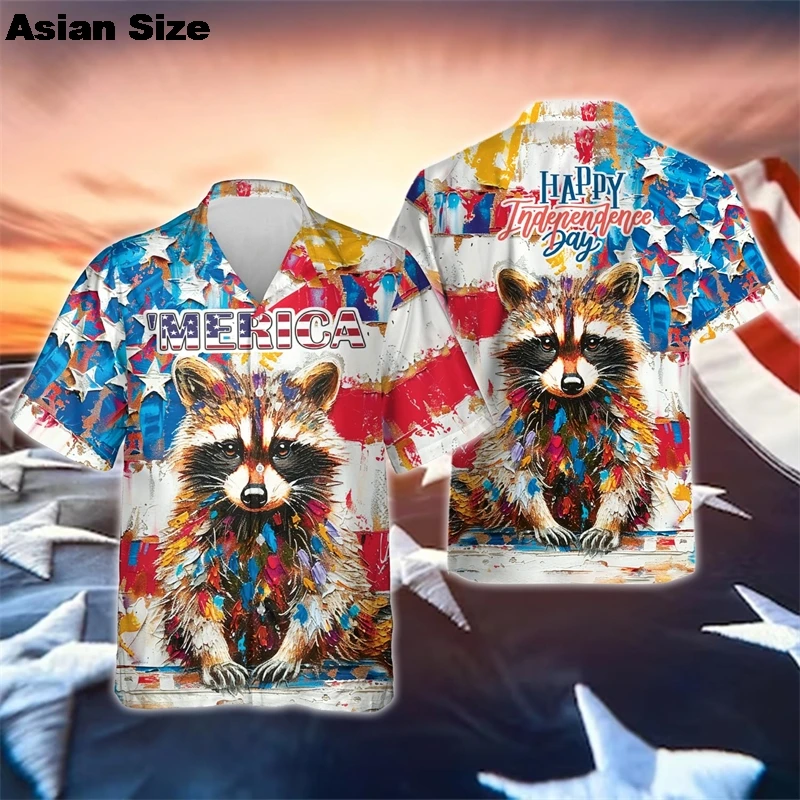 Cute Animal American Happy Independence Day Graphic Shirts For Men Clothes Fashion US Flag Lapel Blouse USA Patriotic Button Top