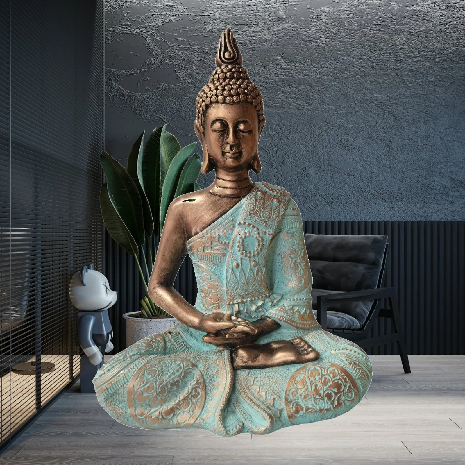 Thailand Buddha Home Decor Resin Statue Shakyamuni Sitting Figurine Brown Finish for Living Room Office Desk Artwork Sculpture