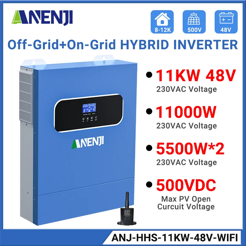 11KW 48V Hybrid Solar Inverter With 2 MPPT 160A Solar Charge Controllers Pure Sine Wave On/Off Grid Inverter For 220VAC PV 500V