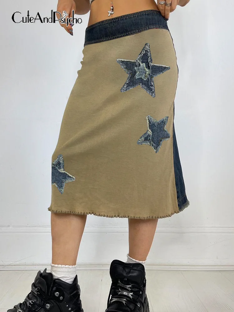 

Cuteandpsycho Star Patchwork Y2K Straight Skirts Streetwear Chic Vintage Midi Denim Skirts Casual Harajuku Fashion Cute Outfits
