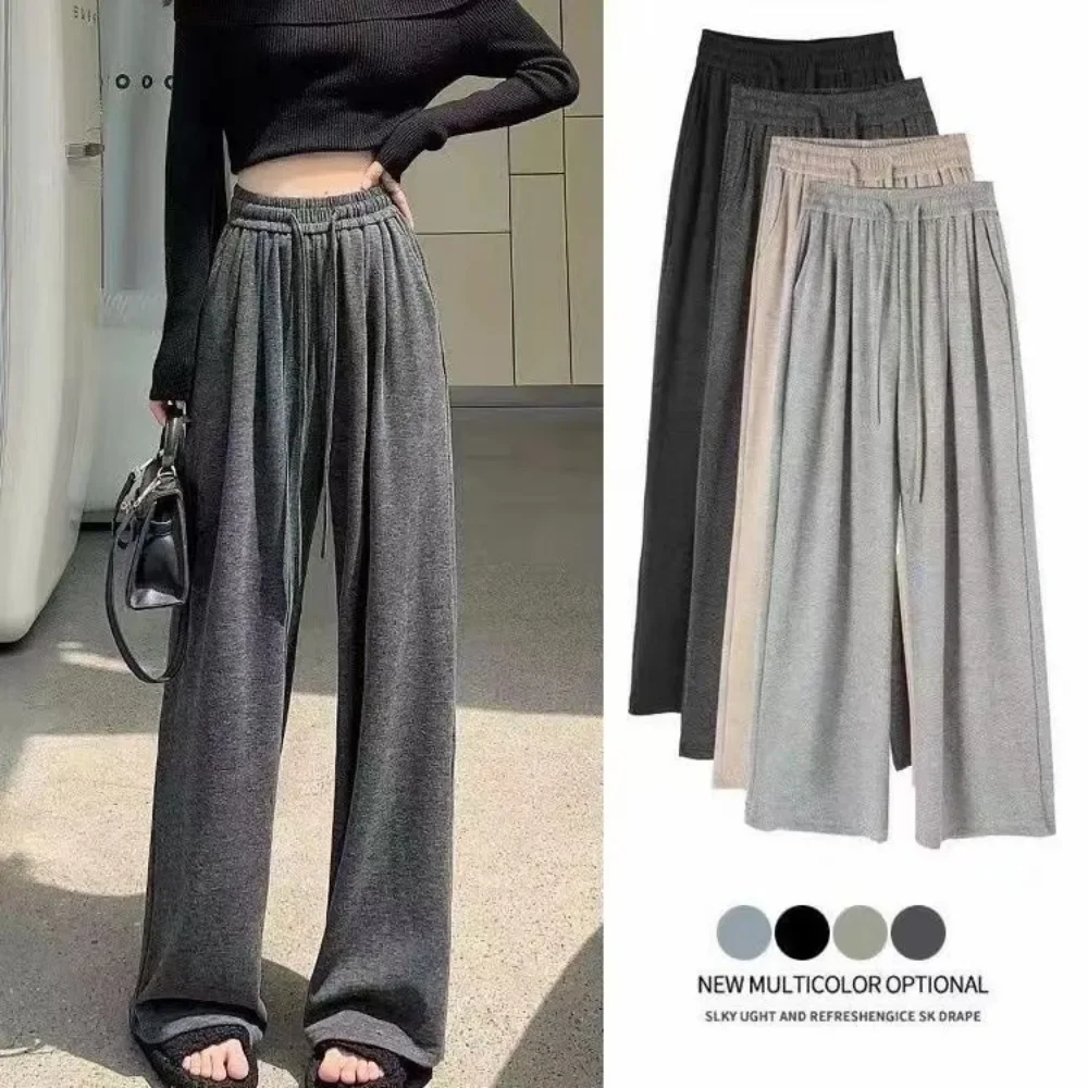 

Women's High Waist Wide-leg Pants 2024 Autumn Winter Lazy Long Pants Straight Pants Drawstring Solid Color Fashion