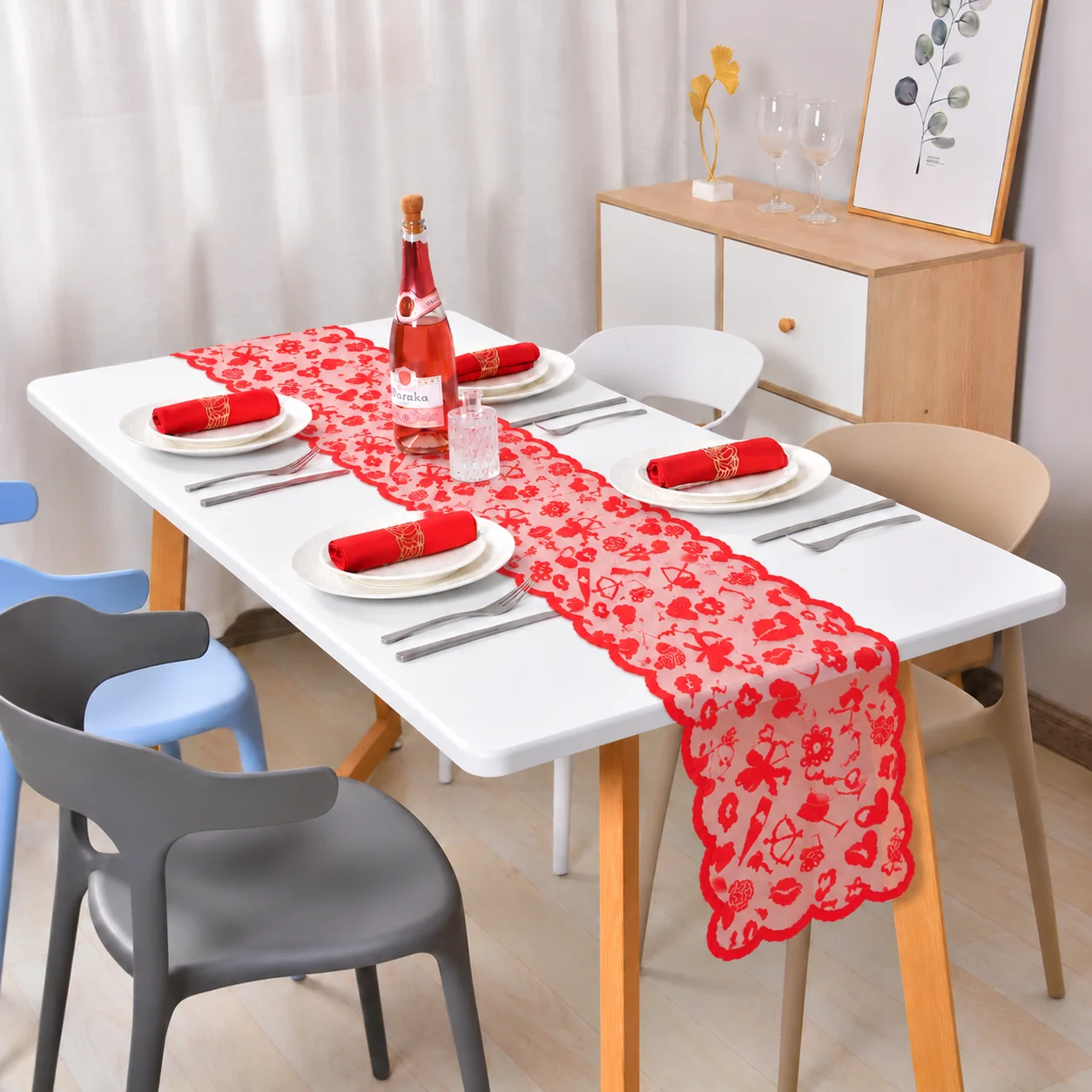 1pc Valentine Red Lace Table Runner 180cm, Hollow Cupid Rose Heart Design, Romantic Table Decor for Wedding Anniversary Dinner