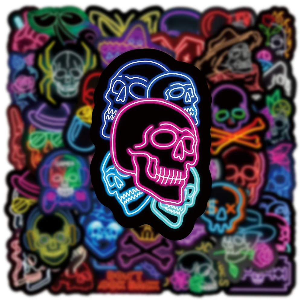 

10/30/50pcs Neon Light Skull Cartoon Stickers for Laptop Motorcycle Bike Waterproof Cool Graffiti Sticker Decals Toys Gifts
