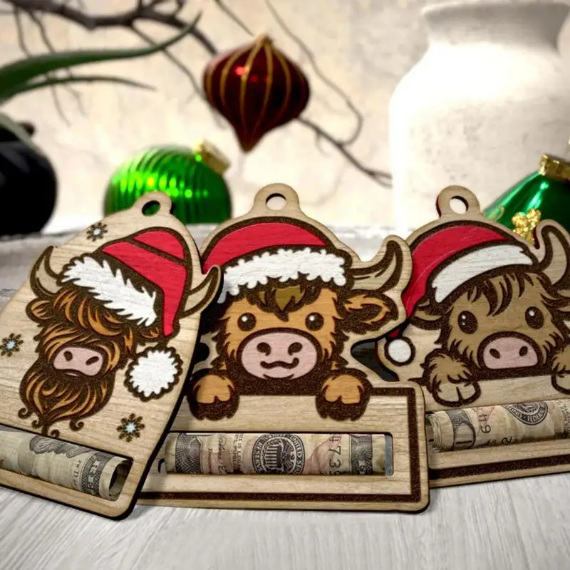 Cartoon Print Money Holder Highland Cattle Placing Money Dispenser For Christ Wooden Christmas Tree Wallet Ornament For Window