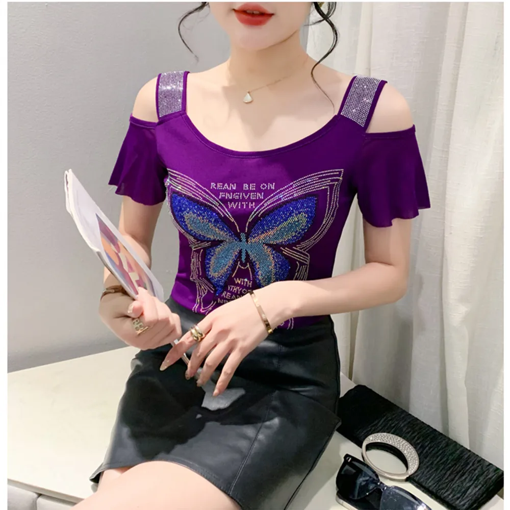 

M-3XL Size Women's Clothes Butterfly Letter Cartoon Design Sexy Off Shoulder Shiny Diamonds T-Shirts Mesh Tees Tops Blouse Shirt