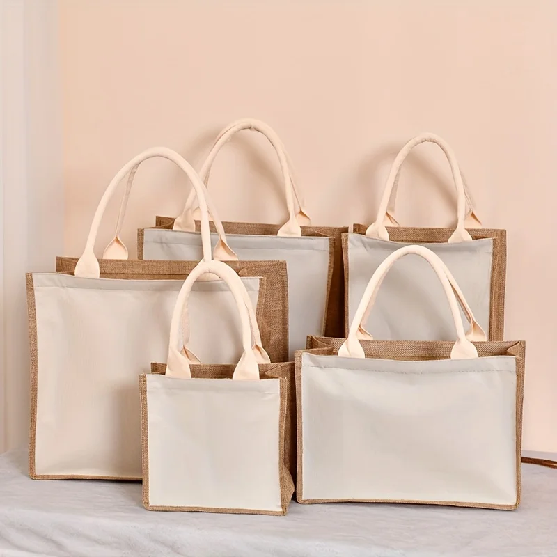 Bolsos de lona con pintura DIY en blanco, bolsos de lino de imitación con cremallera para llevar a mano, bolsos de compras de gran capacidad de Color sólido para mujer