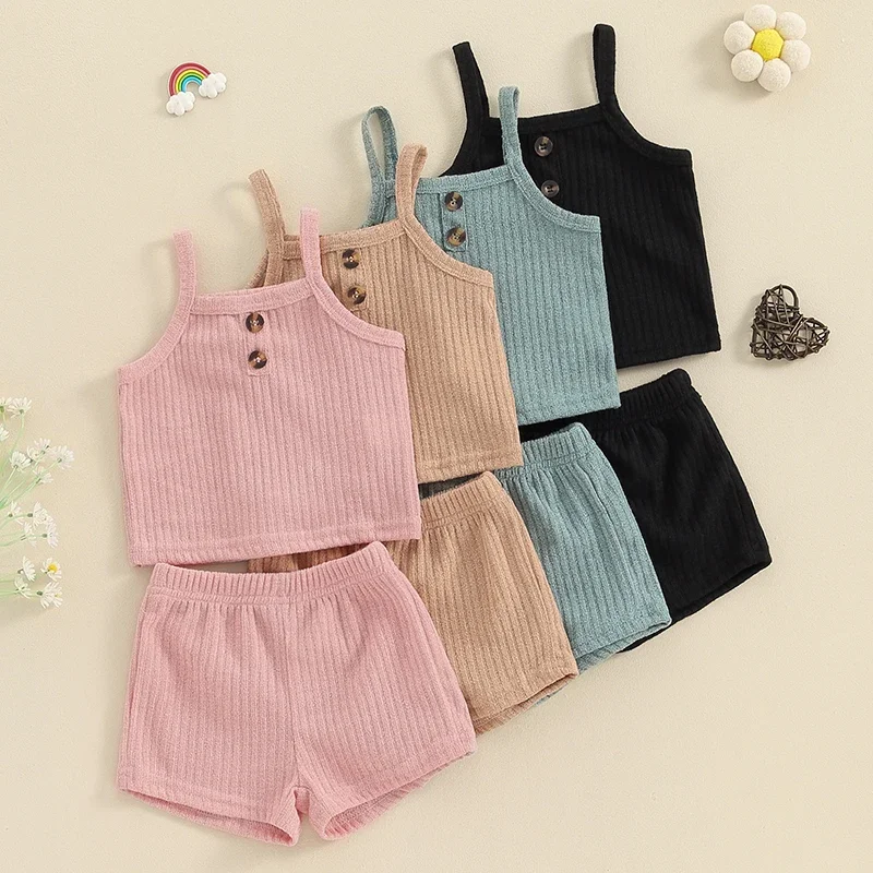 Summer Children Clothing Kids Clothes Girls Solid Ribbed Sleeveless Tanks Tops Shorts Set Toddler Casual Clothes 1-5Y