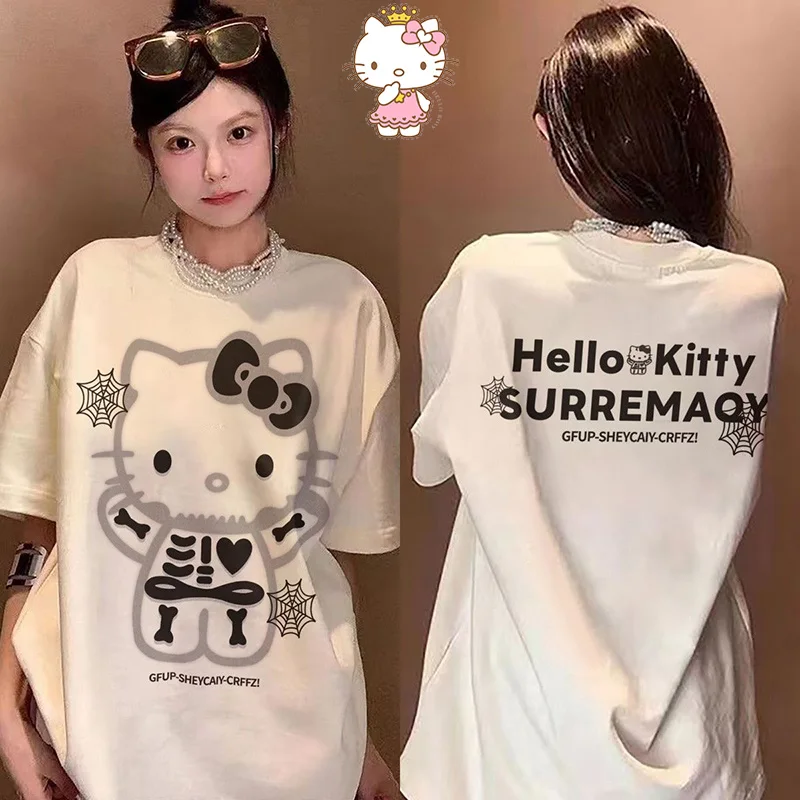 Sanrio Y2k Hello Kittys Cotton Tshirt Kawaii Summer Retro Loose Anime Funny Comfortable Ventilate Short Sleeve Top Girl Gift Toy