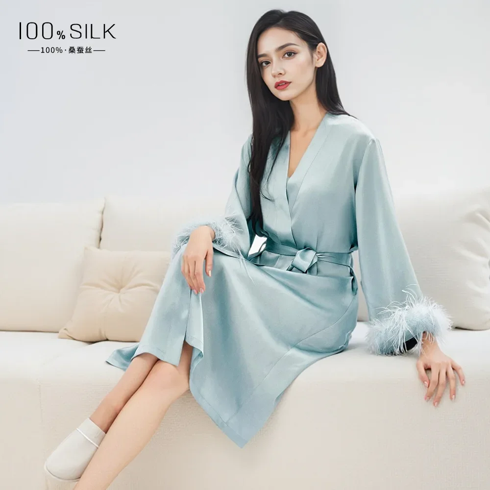 19MM 100% Mulberry Silk Morning Robe Heavy Silk Sleepwear Sexy Female Luxury Nightgown for Night with Detachable Feather Cuffs