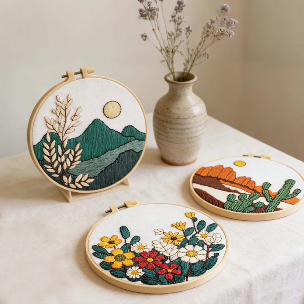 3-teiliges Landschafts- und Blumenstickerei-Set, Handstick-DIY-Bastelset, das Anleitung und Werkzeuge enthält, geeignet für