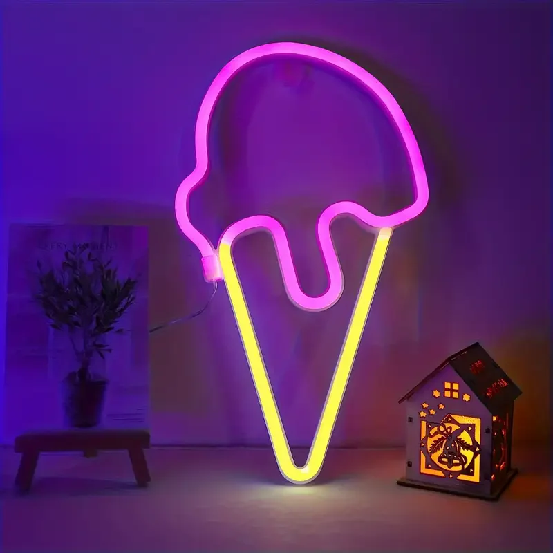 Ice Cream LED Neon Sign USB/Battery Powered LED Light for Bedroom Room Decoration Gift Night Light Decoration Holiday Decor
