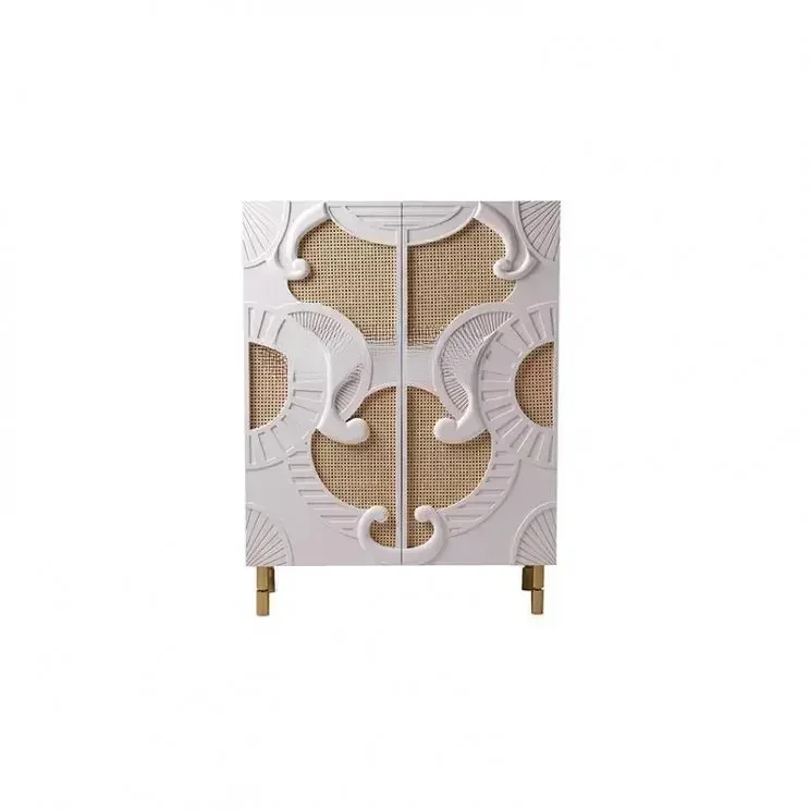 L French solid wood carving flower natural rattan cabinet living room foyer dining side cabinet rattan art locker