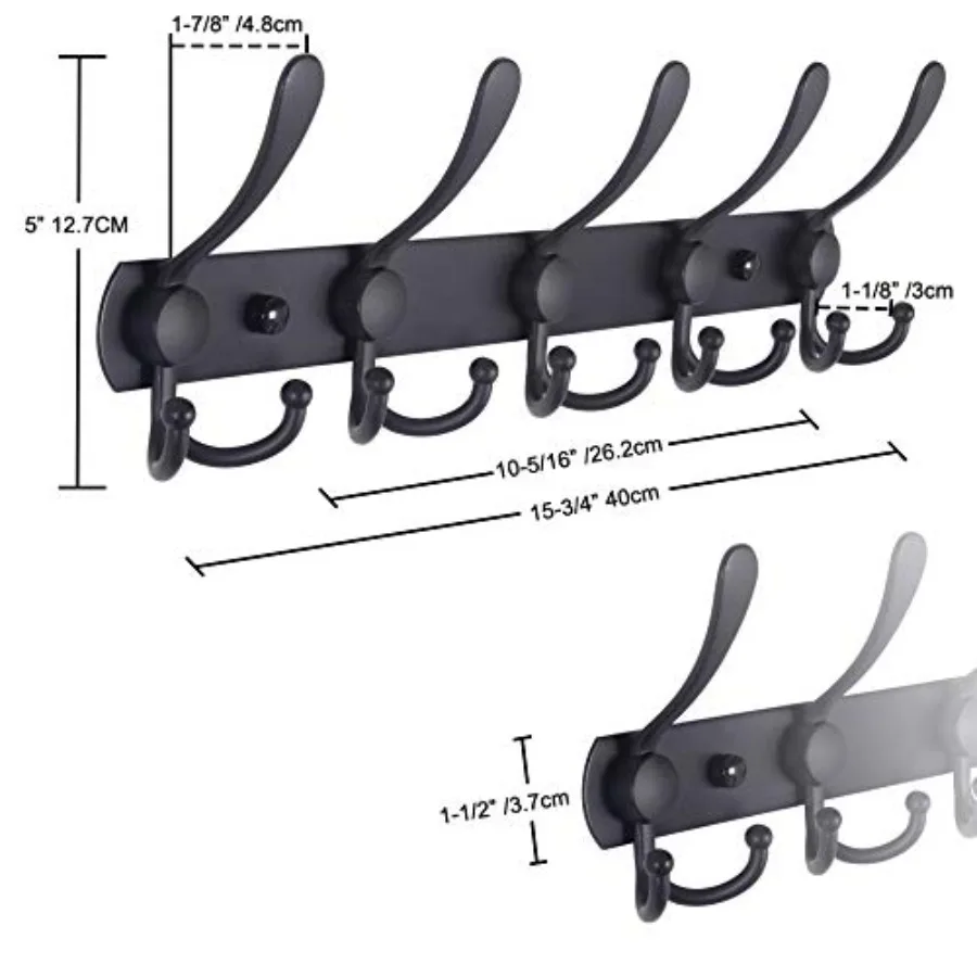 Wall Mounted Coat Rack with 5 Tri Hooks for Heavy Duty Use in Mudroom Bathroom Entryway Stainless Steel Metal Hook Rail for Coa