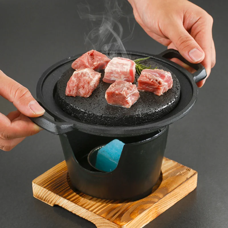 Lava Cooking Stone with Alcohol Stove Set Japanese Steak Hot Stones Indoor Grill Sizzling Hot Steak Stone Cooking Rock Set