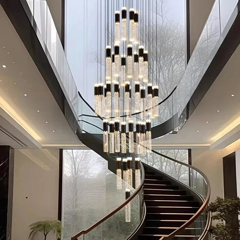 

Modern LED Staircase Black Crystal Chandelier Luxurious Living Room Decoration Multi Head Chandelier Villa Hall Long Tube Light