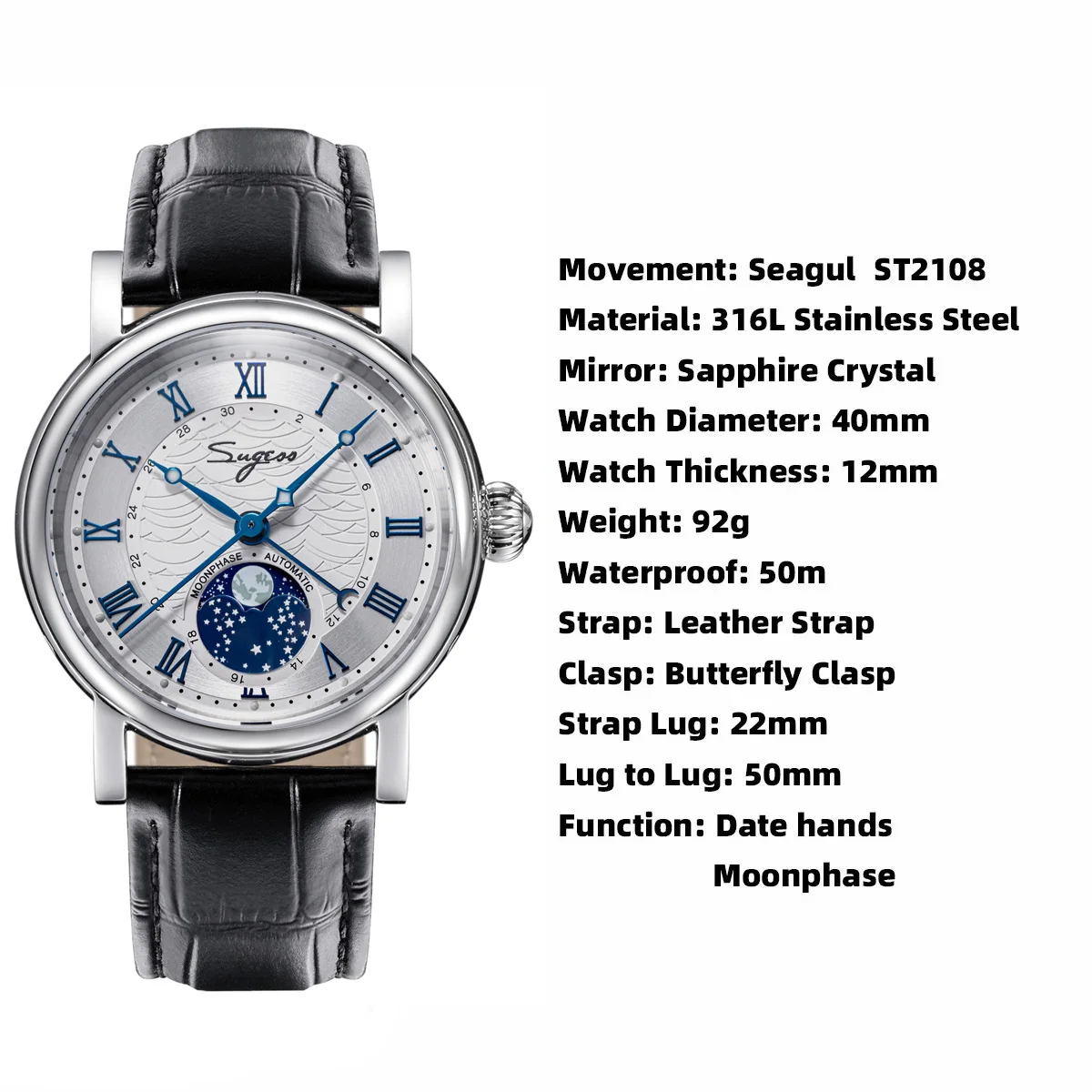 Sugess Watches for Men Automatic Mechanical Watch Moonphase Tianjin ST2108 Waterproof Date Hands Sapphire Crystal Rome Wave Dial