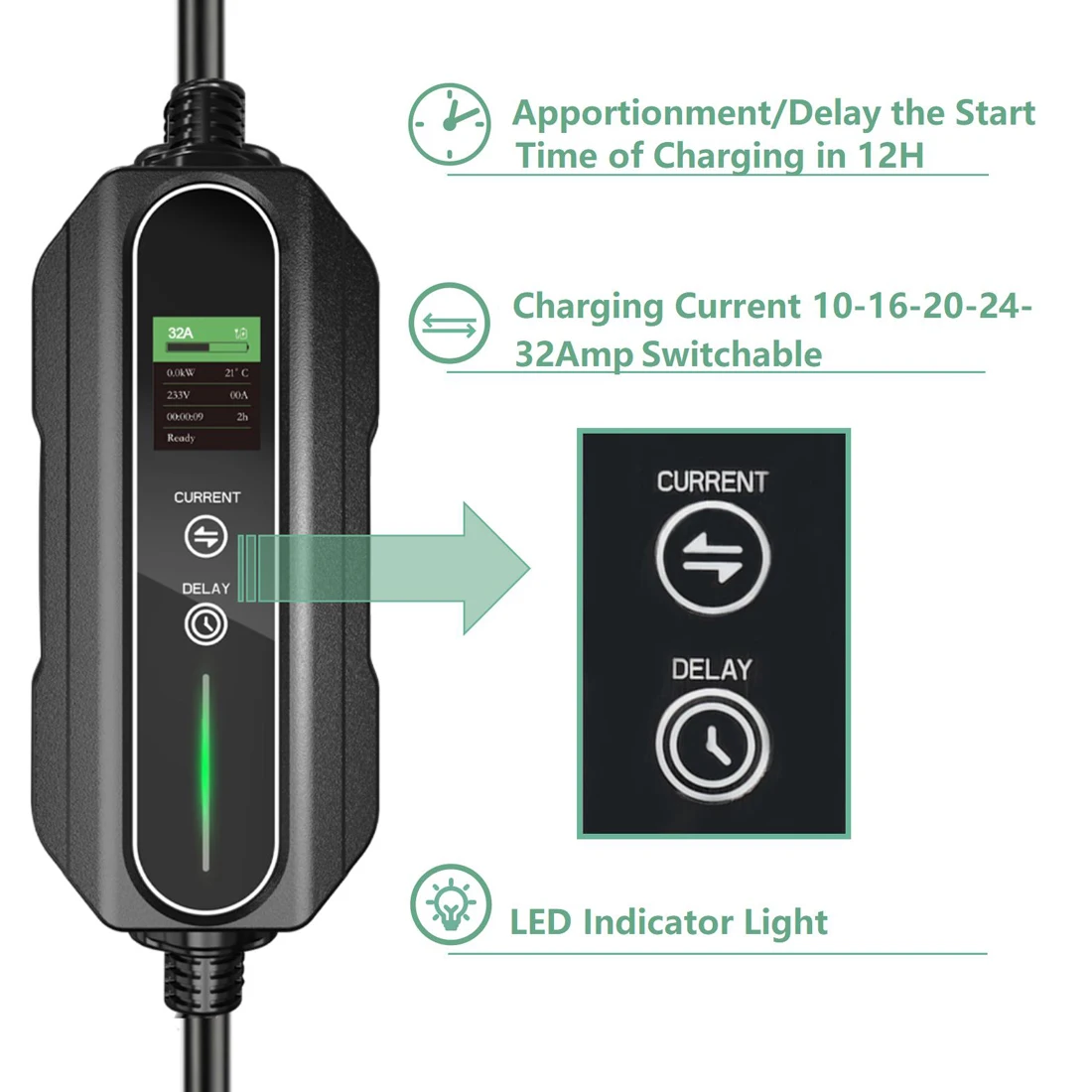 7M GBT Car Charger 32A Single Phase 7.2KW Timing Protable EV Charger Current Adjustable Electric Vehicle Charging Station