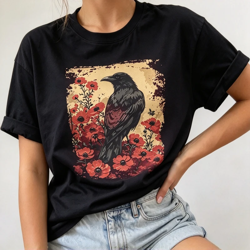 Gothic Raven Rose Enchanted Vintage Floral Crow T-Shirt Men Women Retro Crow Floral Casual Short Dark Aesthetic Nature Art Tee