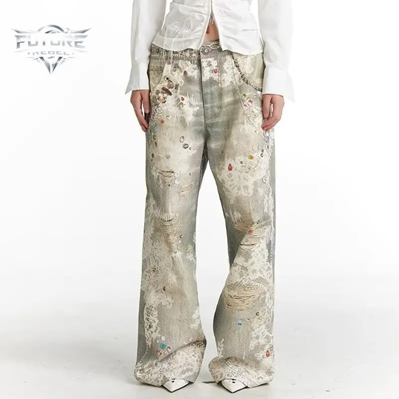Mens Jeans Vintage Digital Print Distressed Denim Pants Harajuku Unisex Straight Leg Loose Fit Casual Streetwear Fashion Trend