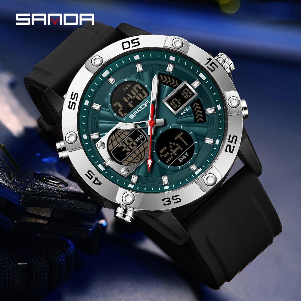 SANDA ساعة رياضية رجالية عصرية جديدة 6239 مع شاشات مزدوجة وحركات مزدوجة، هدية متعددة الوظائف مقاومة للماء 5ATM
