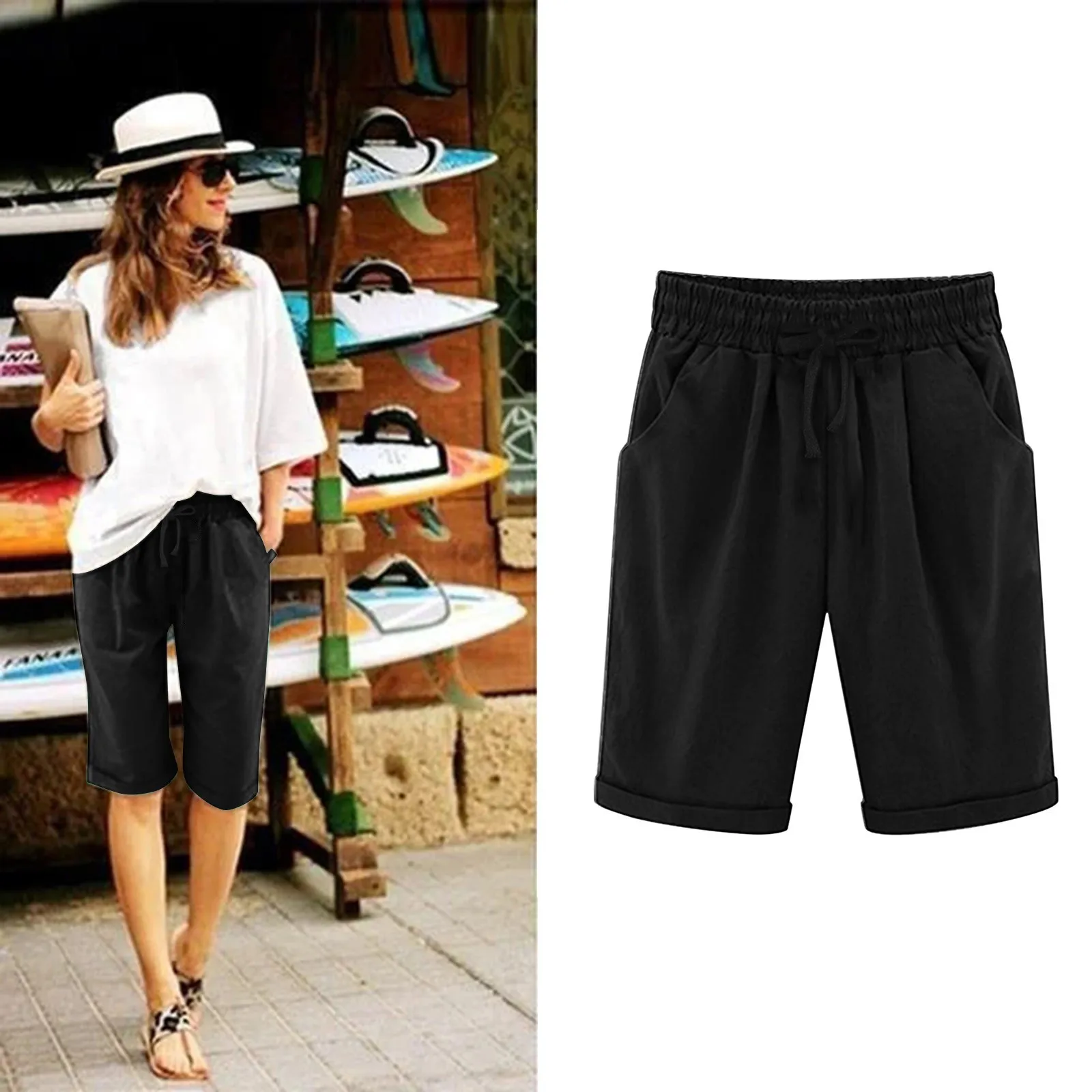 Five Point Pants For Women Summer Cotton Pants Plus Size High Waisted Shorts Lacing Beach Trousers Knee Length Workout Pocket