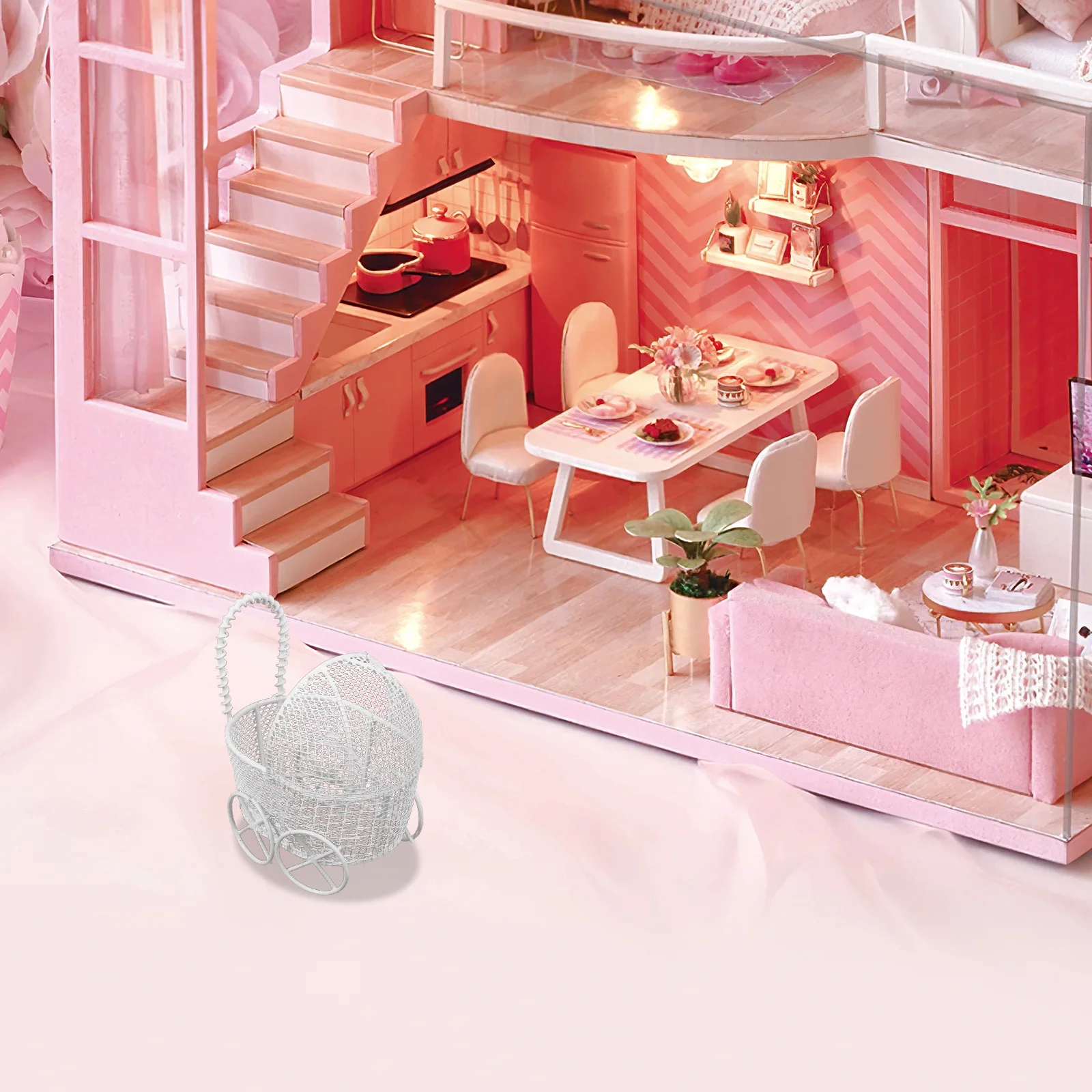 Set mini passeggino da 2 pezzi: carrozzina realistica per la decorazione di mobili della casa delle bambole - Accessorio compatto per giochi di finzione per bambini piccoli