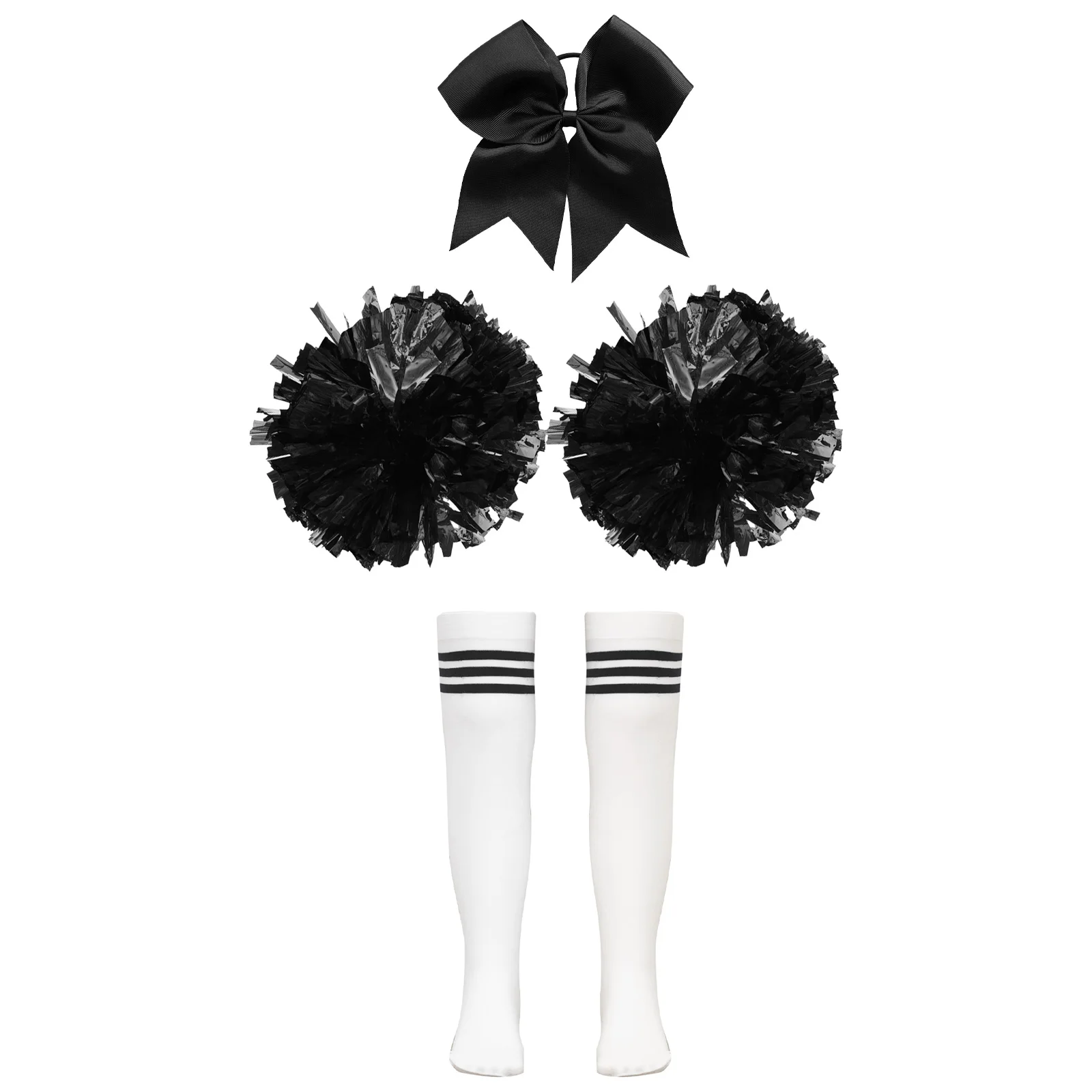 Kids Girls Cheerleading Set Bowknot Headwear with Striped Knee High Stockings And 2Pcs Flower Balls for Dance Stage Performance