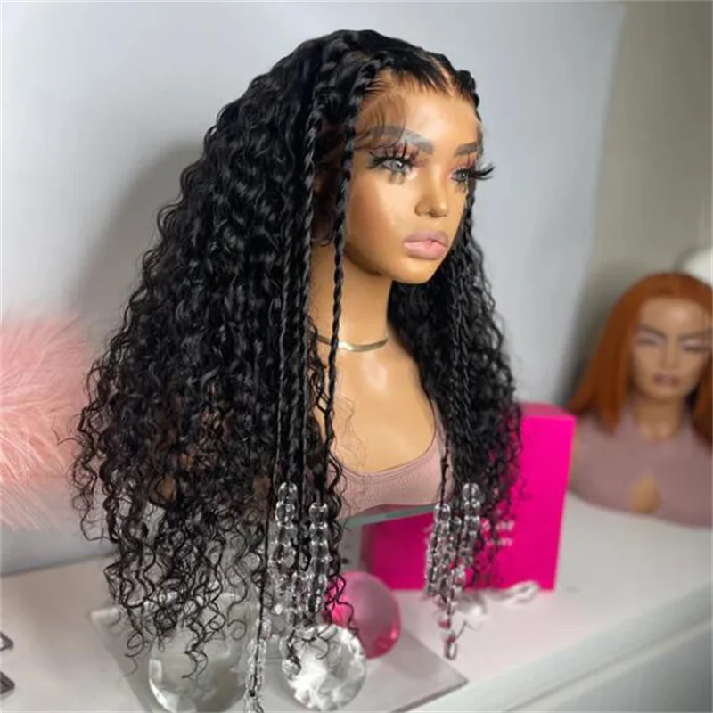 180 Density  Soft 26Inch Long Kinky Curly Lace Front Wig For Women With Baby hair Middle Part Natural Black Glueless Wig