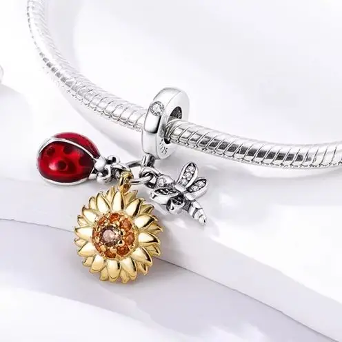 Charm Pendant Fit Bracelet Necklace Making 925 Sterling Silver Charm Sunflower Dragonfly Ladybug Woman Jewelry