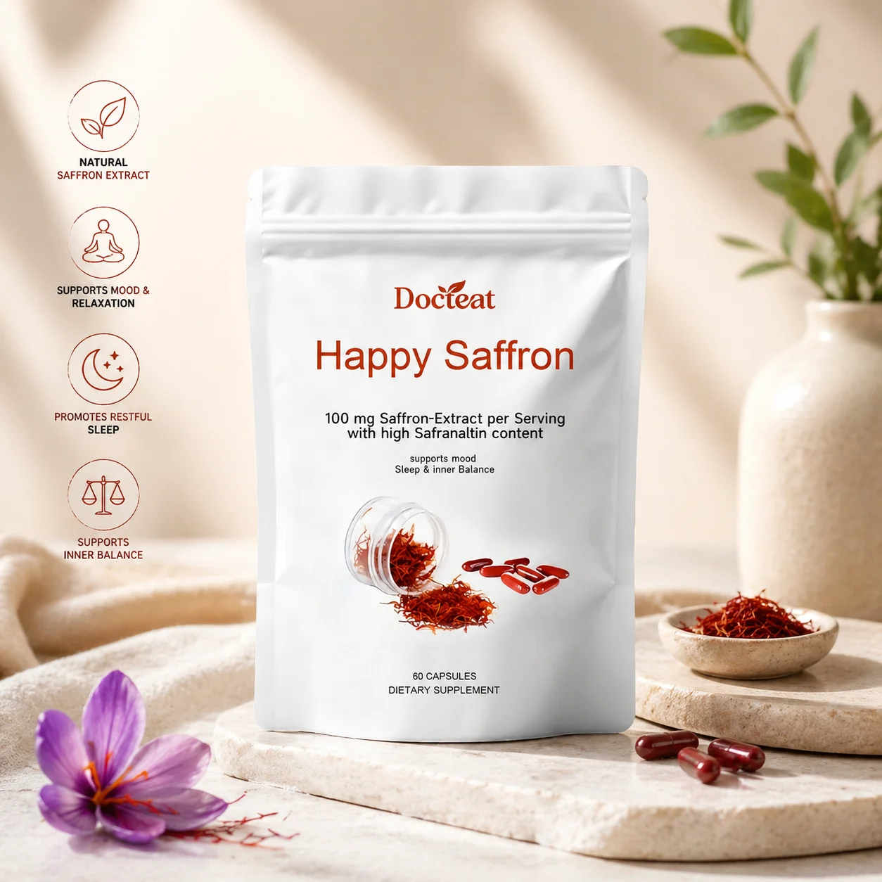 

100mg Saffron Extract Capsules for Daily Mood Support and Relaxation, High Safranal Content, Easy‑to‑Take Formula, 60 Count