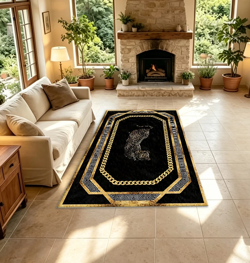 Luxurious Gold Chain Leopard Print Carpet, Vintage Greek Key Pattern Border Non-Slip Rug, Suitable for Living Room Home Decoration