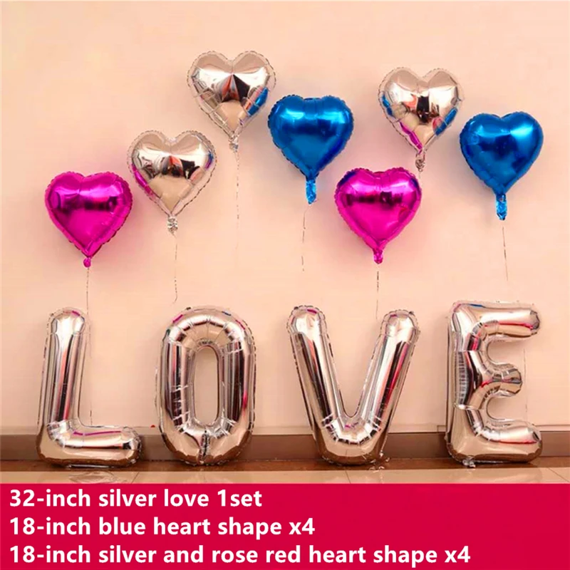 

16pcs 32 Inch Silver Love Letter and Small Heart Foil My Wedding Party Supplies Decorations for Home BalloonDecorations Ballon