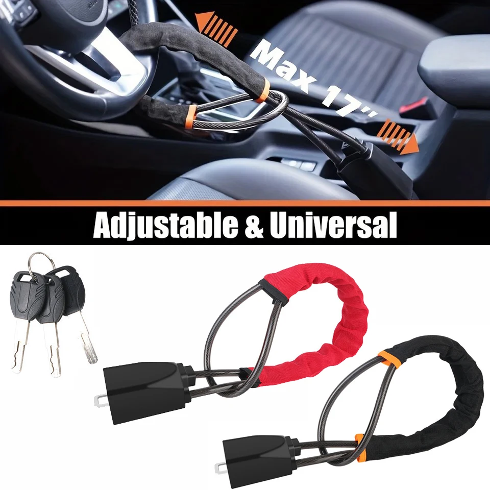 

Car Steering Wheel Lock With Seat Belt Socket Steel Rope Bold Steel Cable Handlebar Lock Universal Automotive Anti-theft Lock