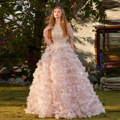 Romantic Light Pink Formal Evening Gown Square Neck and Short Sleeves Prom Dress Luxury Pomantic 3D Flower Skirt Formal Dress