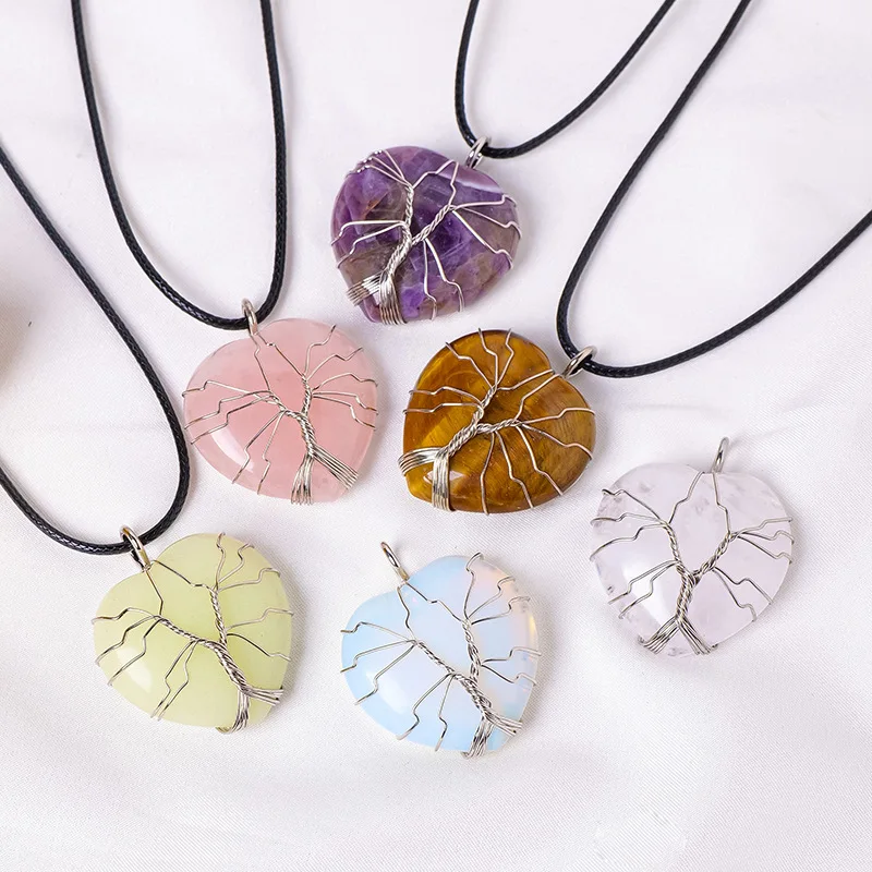 

Fashion Natural Stone Crystal Handmade Woven Pendant Necklace Jewelry Tree Life Wire Wrapped Heart Healing Gift