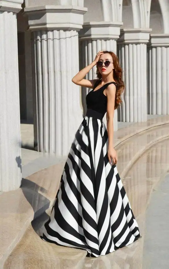 Faionable Striped Long Dr Women's Belt Splicing Drsee Summer New Sle Commute round Ne Mid-Length Slim Fit Decoration